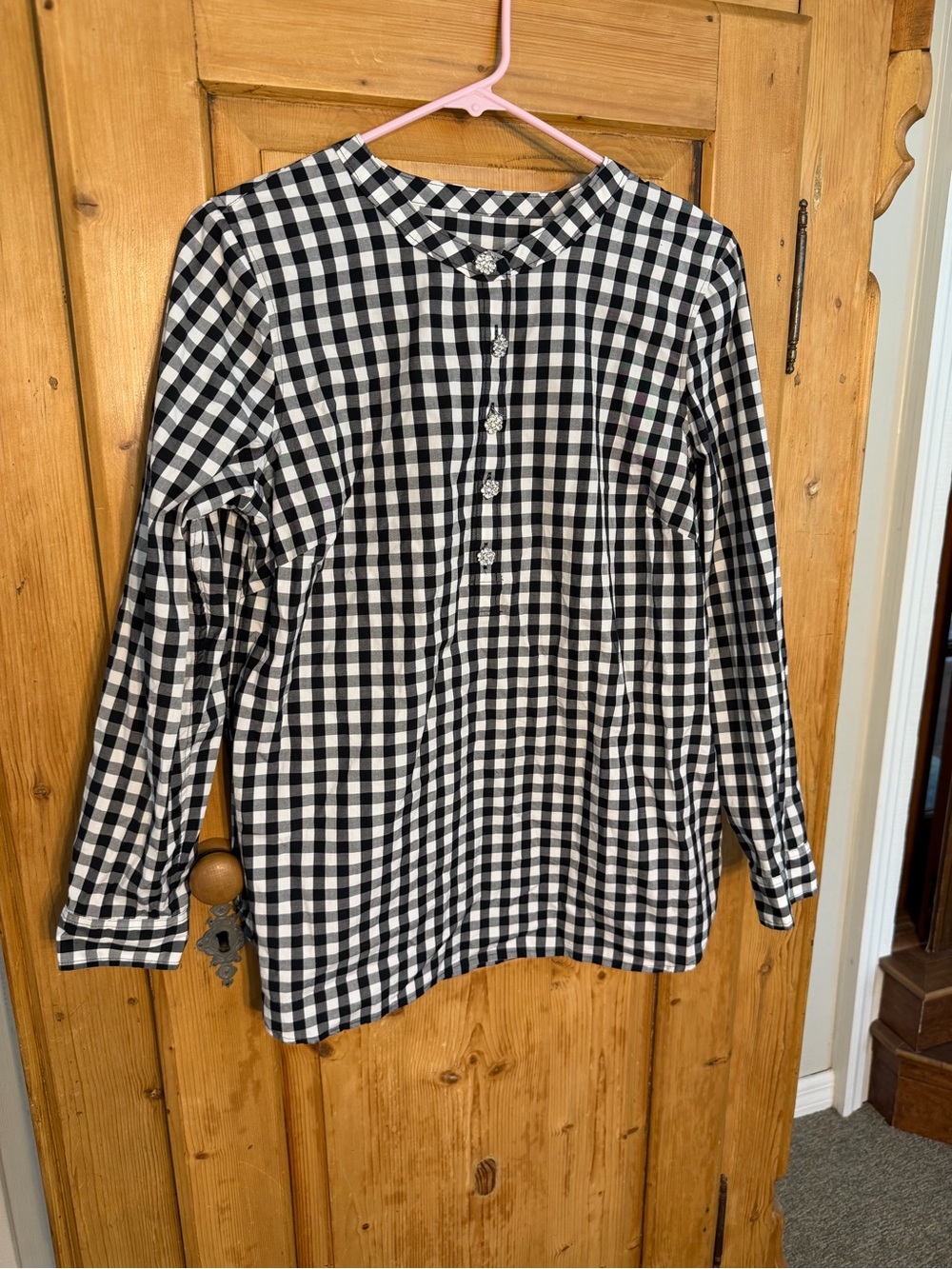 Talbots Classic Black & White Gingham Top w/Rhinestone Buttons Sz Medium